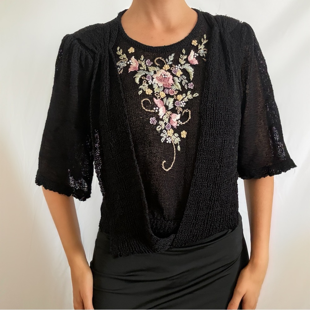 Vintage black embroidered crochet wrap top blouse cottage knit floral